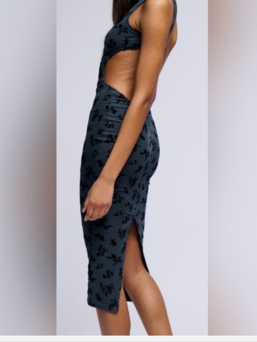 AKIRA Charcoal Gray Cutout Midi Dress with Black Floral Burnout Dress Size M